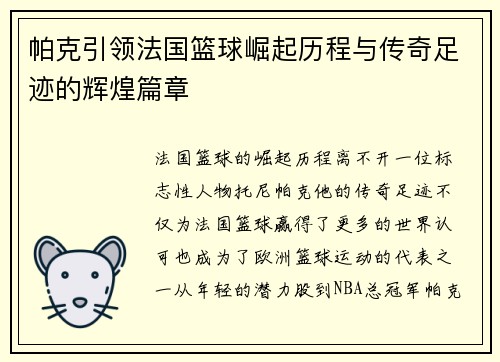 帕克引领法国篮球崛起历程与传奇足迹的辉煌篇章