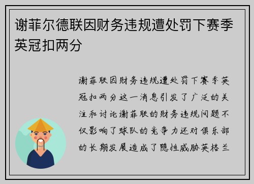 谢菲尔德联因财务违规遭处罚下赛季英冠扣两分